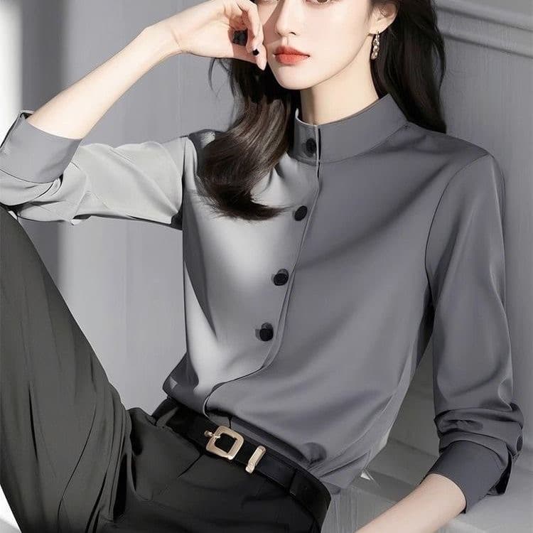 프랑스식 품격 회색 스탠드 칼라 여성 셔츠 2026 이른 봄 새로운 패션 출퇴근 캐주얼 고급 센스 만나는 맨위 상세 이미지 4