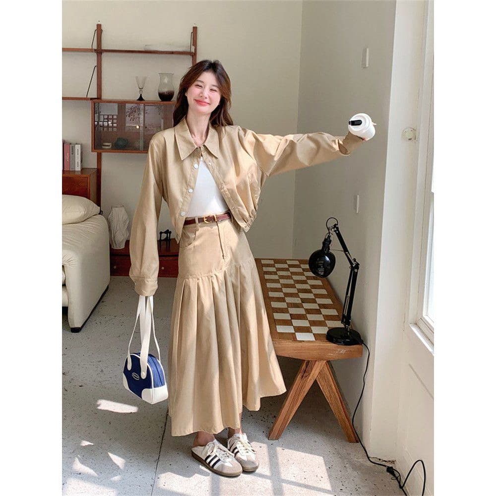 고급 센스 패션 다용도 캐주얼 셔츠 반신 치마 세트 여성 봄 가을 투피스 세트 슈퍼 화재 다시 a 다시 바람의 소리 로얄 자매 상세 이미지 4
