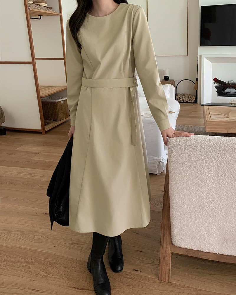 한국 chic 프랑스식 라운드 넥 레이스업 허리 수축 롱 코트 드레스 상세 이미지 4