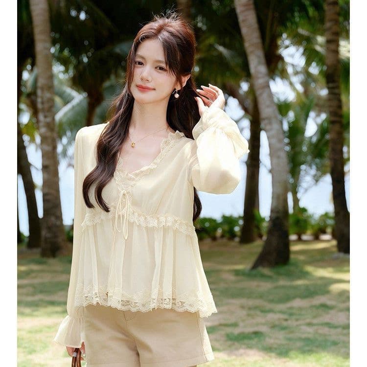 2026 도파민 슈퍼 요정 레이스 레이스 패치워크 쉬폰 주름 무거운 작업 프랑스식 벌룬 소매 맨위 표지 배 상세 이미지 2
