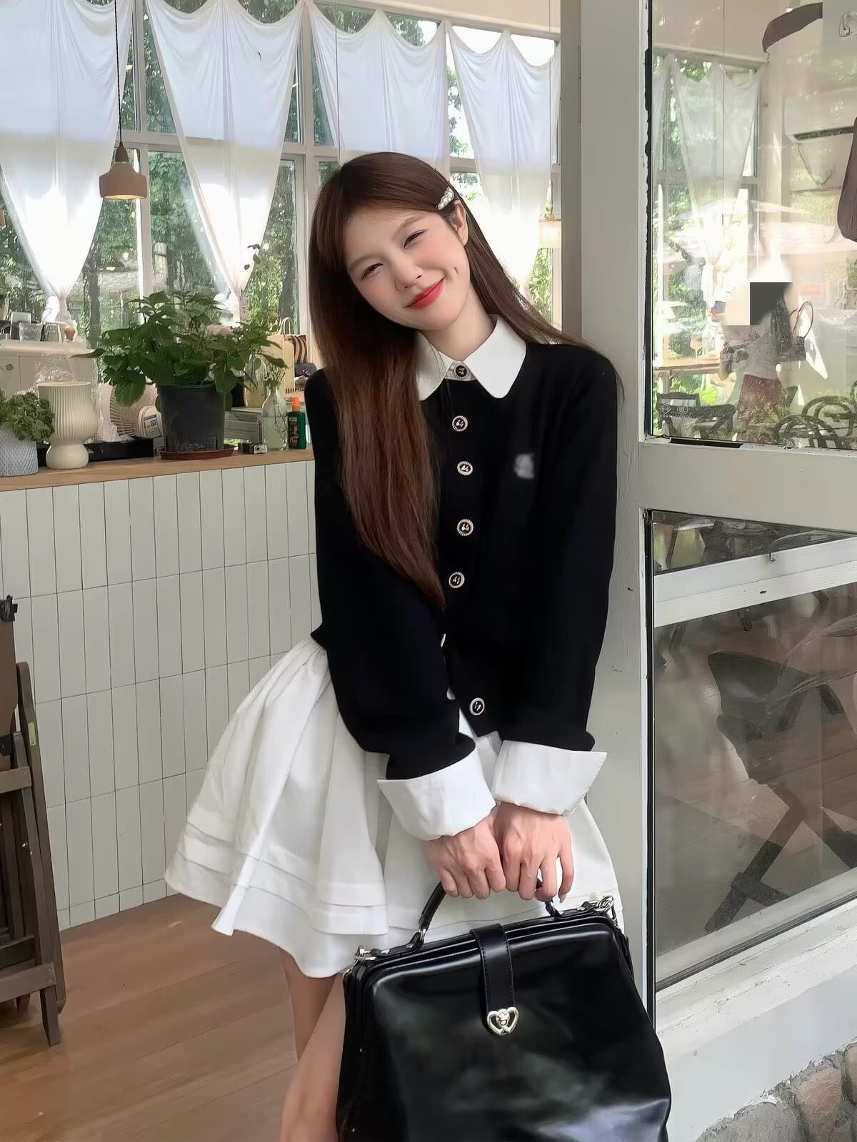 학원 스타일 이른 가을 착용 가져 가라. 전체 집합 배색 패치워크 페이크 레이어드 오픈 가디건 스웨터 플리츠 반신 치마 투피스 세트 상세 이미지 5