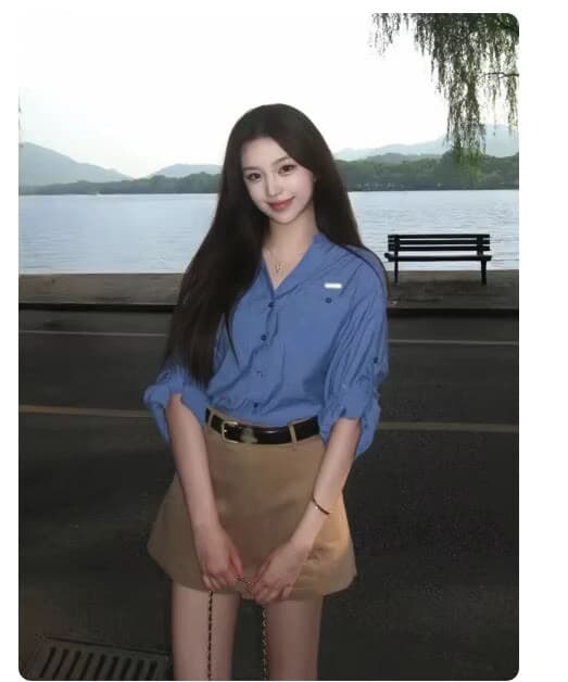 고급 센스 톰 글 래 원인 블루 긴팔 여성 셔츠 가을 루즈핏 자외선 차단 셔츠 재킷 카키 색 미니 스커트 두 조각 상세 이미지 2