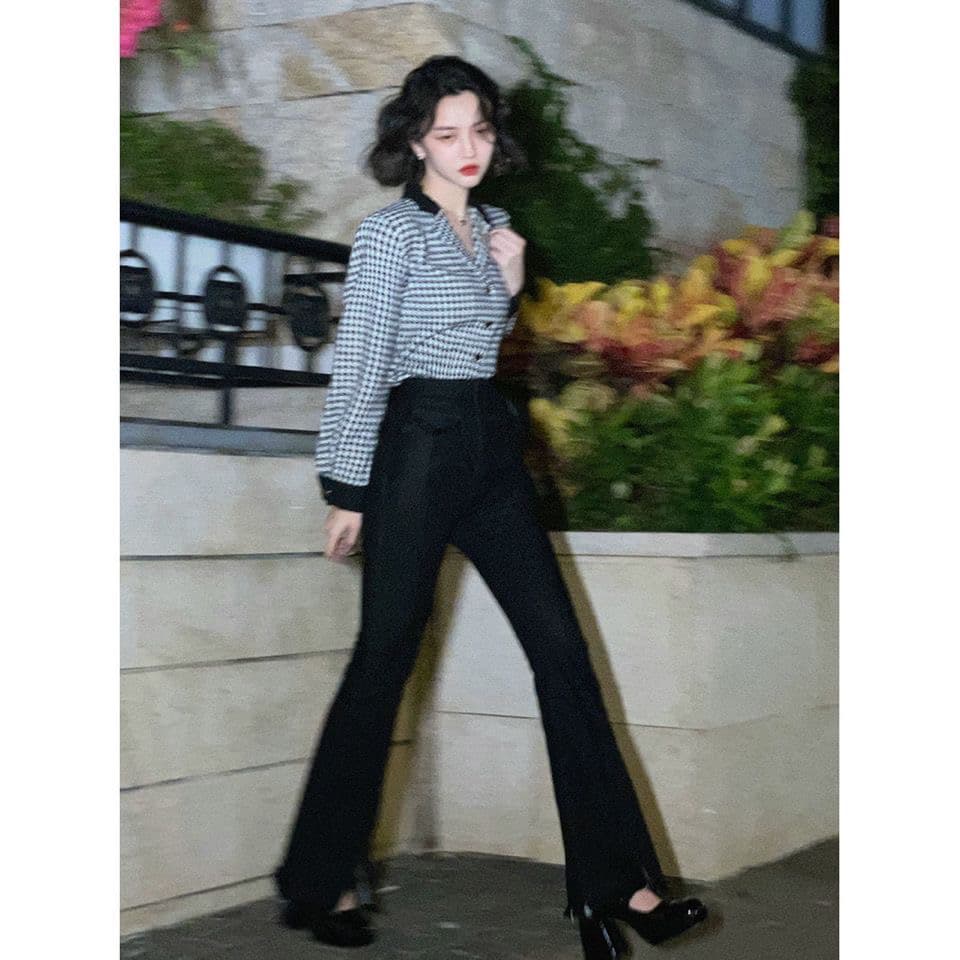 항구 바람 레트로 쉬폰 하운드투스 체크 순수한 욕망 바람 셔츠 여성 긴 소매 가을 의상 외출용 프랑스식 작은 대중 캐주얼 맨위 상세 이미지 5