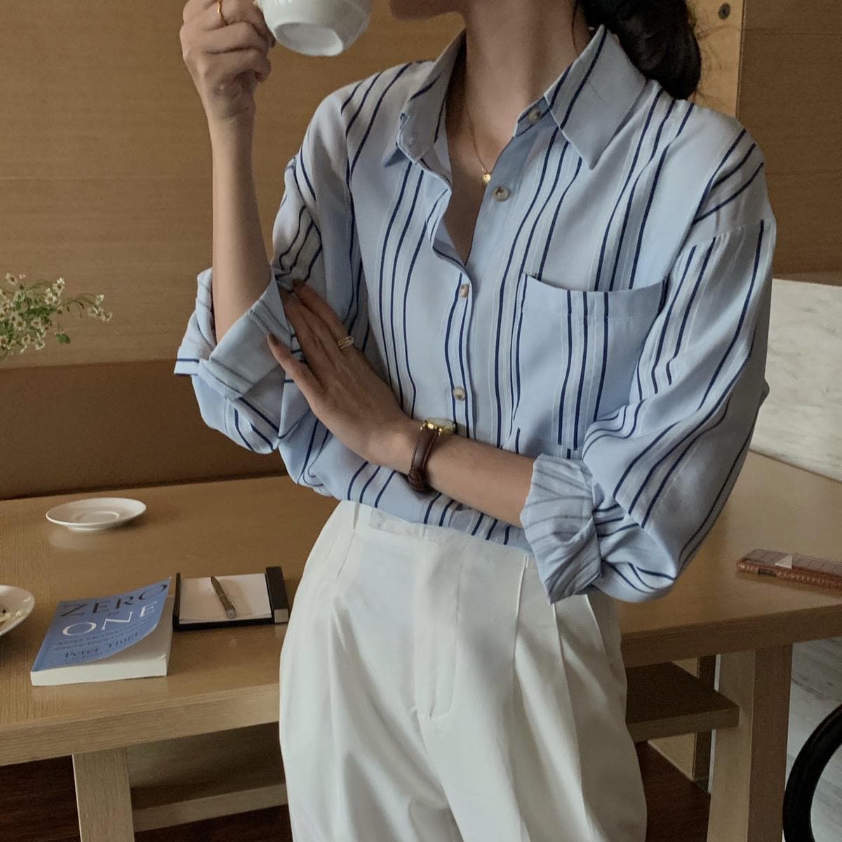 한국 스타일 점차적으로 색상 스트라이프 여성 셔츠 봄 가을 새로운 빛 요리 실크 미끄러짐 도루 센스 루즈핏 품격 셔츠 디자인 센스 맨위 이미지 3