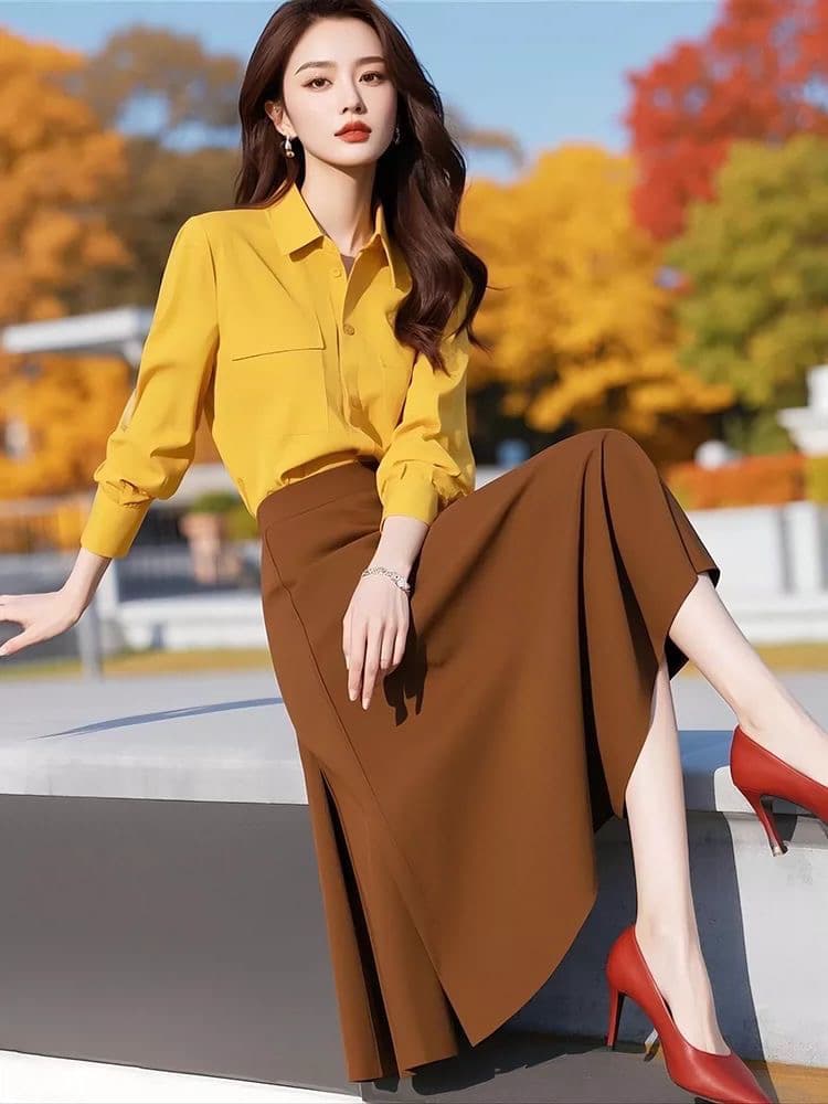 봄 착용 가져 가라. 전체 집합 소금 부서 튀김 거리 패션 고급 센스 여성 작은 샤넬 스타일 황색 셔츠 경력 세트 이미지 2