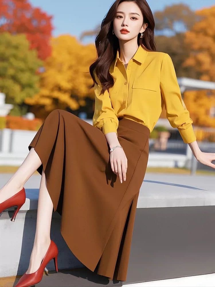 봄 착용 가져 가라. 전체 집합 소금 부서 튀김 거리 패션 고급 센스 여성 작은 샤넬 스타일 황색 셔츠 경력 세트 상세 이미지 2