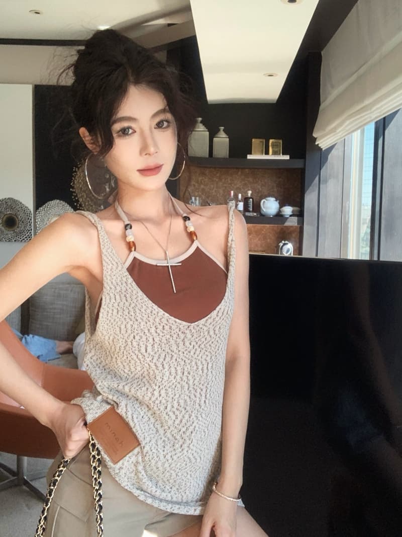 실사 정가 세련된 핫걸 바람 비즈 행침 목 캐미솔 v 칼라 플라워 실 느슨함 센스 니트 블라우스 세트 상세 이미지 2