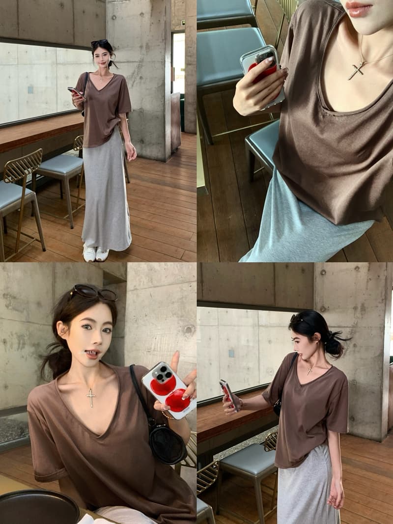 실사 정가 아니요 바겐 세일 볼륨 측면 V넥 반팔 루즈핏 티셔츠 도루 센스 이후 트임 슬림해 보이는 반신 롱 스커트 세트 상세 이미지 1