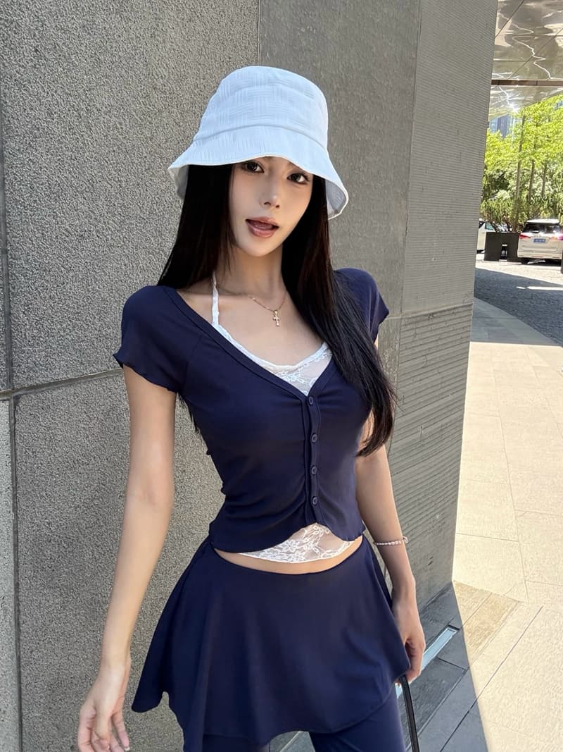실사 정가 아니요 바겐 세일 몸매 가꾸기 패치워크 레이스 반팔 티셔츠 페이크 레이어드 프릴 슬림해 보이는 나팔 바지 세트 이미지 4