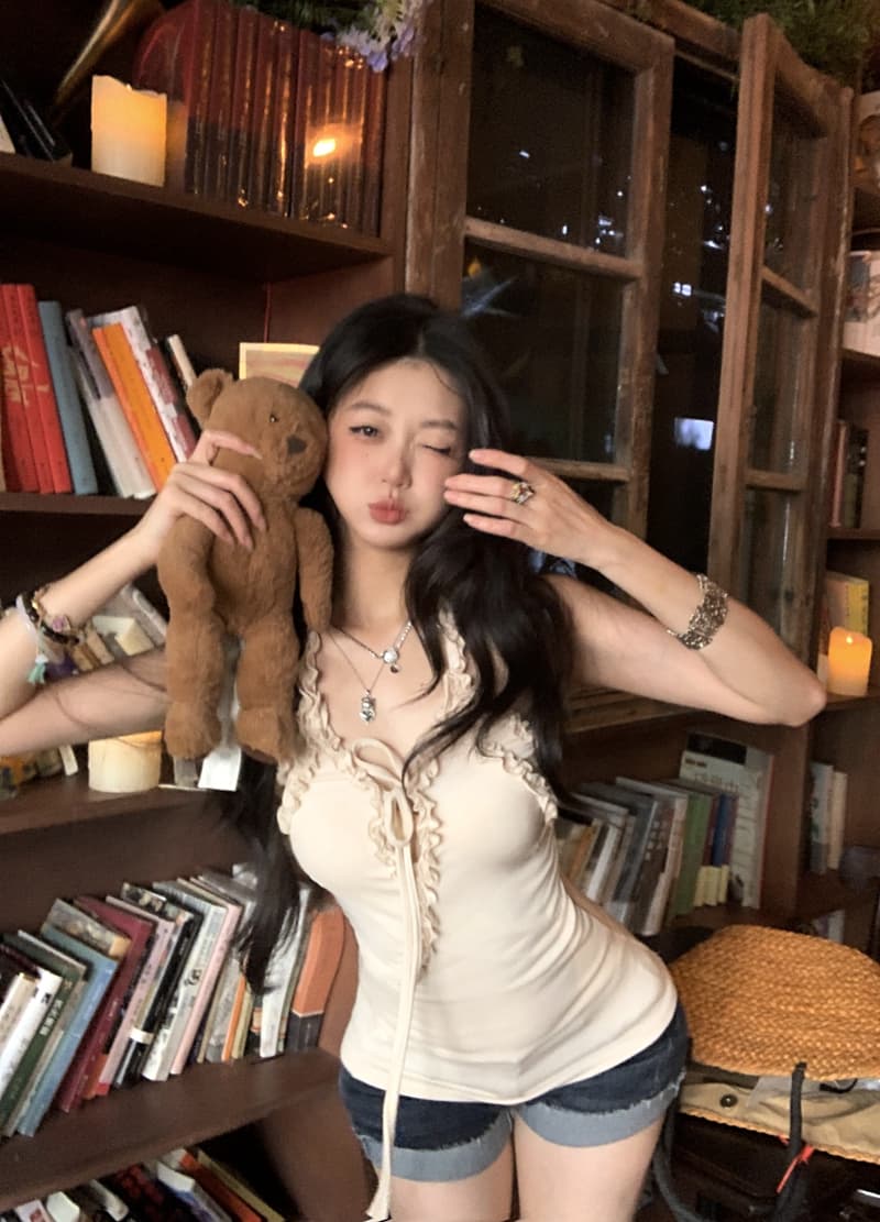 실사 정가 아니요 바겐 세일 디자인 센스 V넥 프릴 행침 목 백리스 캐미솔 민소매 몸매 가꾸기 맨위 상세 이미지 7