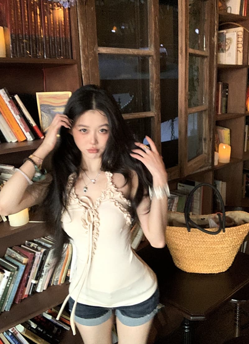 실사 정가 아니요 바겐 세일 디자인 센스 V넥 프릴 행침 목 백리스 캐미솔 민소매 몸매 가꾸기 맨위 상세 이미지 8