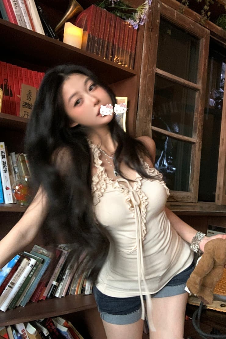 실사 정가 아니요 바겐 세일 디자인 센스 V넥 프릴 행침 목 백리스 캐미솔 민소매 몸매 가꾸기 맨위 이미지 5