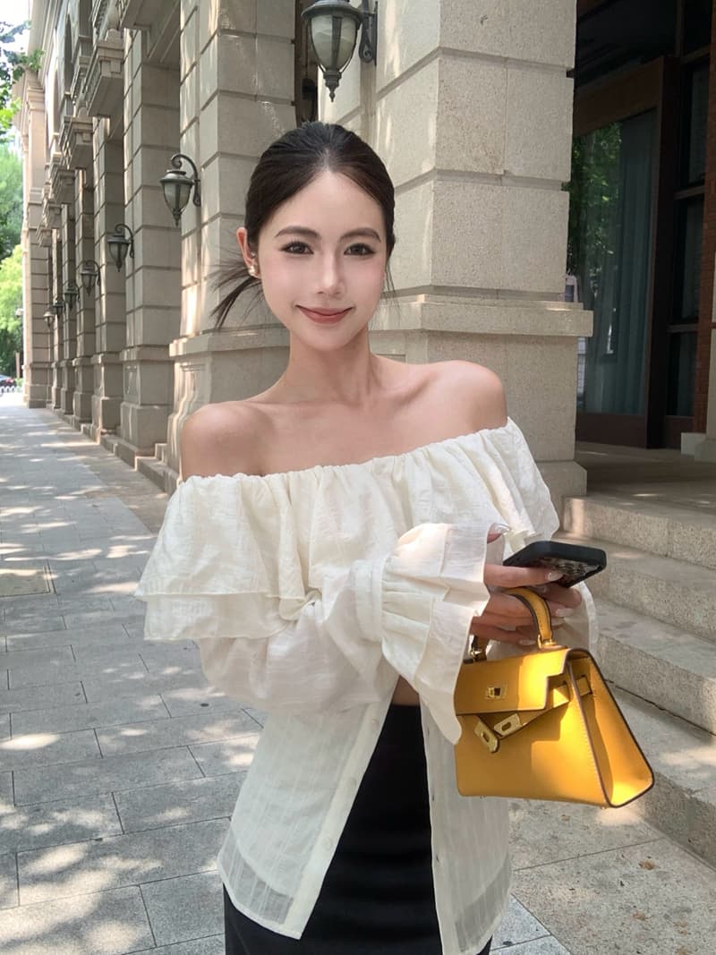 실사 정가 아니요 바겐 세일 핫걸 프랑스식 프릴 오프숄더 긴팔 셔츠 디자인 센스 오프숄더 허리 수축 맨위 상세 이미지 5