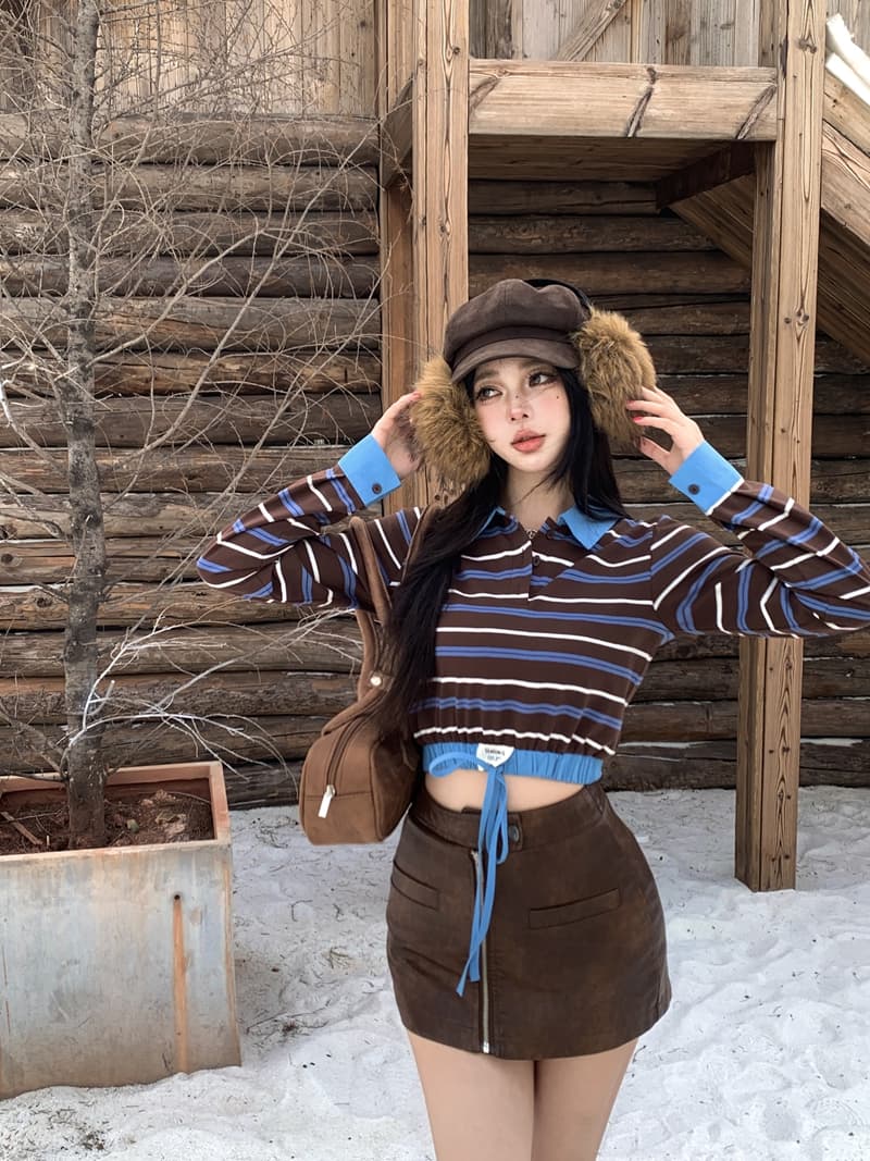 실사 정가 봄 핫걸 레트로 세련된 배색 스트라이프 패치워크 POLO 칼라 긴팔 티셔츠 쇼트 스타일 인사이드 잡아라. 의류 상세 이미지 4