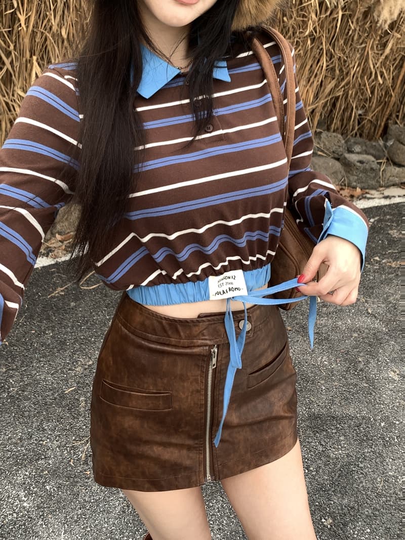 실사 정가 봄 핫걸 레트로 세련된 배색 스트라이프 패치워크 POLO 칼라 긴팔 티셔츠 쇼트 스타일 인사이드 잡아라. 의류 상세 이미지 5