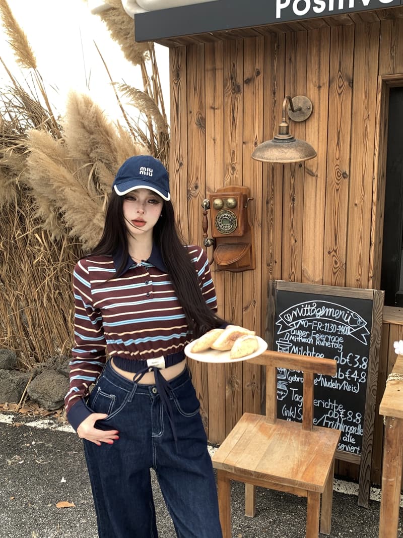 실사 정가 봄 핫걸 레트로 세련된 배색 스트라이프 패치워크 POLO 칼라 긴팔 티셔츠 쇼트 스타일 인사이드 잡아라. 의류 상세 이미지 17
