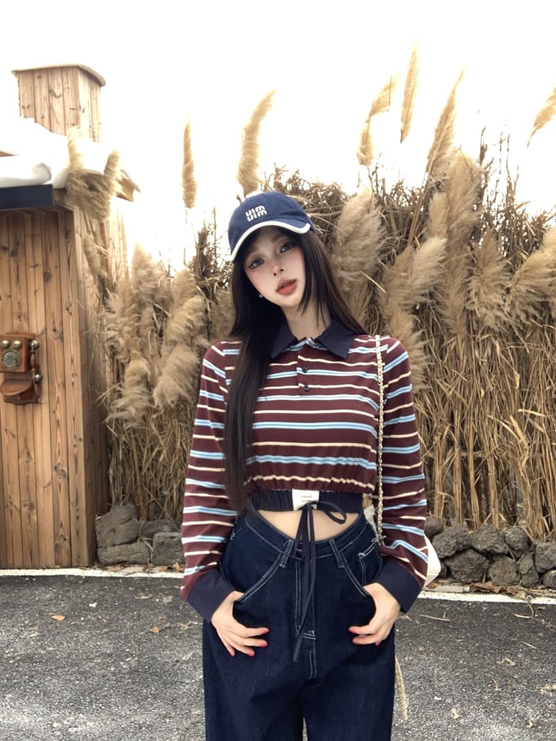 실사 정가 봄 핫걸 레트로 세련된 배색 스트라이프 패치워크 POLO 칼라 긴팔 티셔츠 쇼트 스타일 인사이드 잡아라. 의류 상세 이미지 23