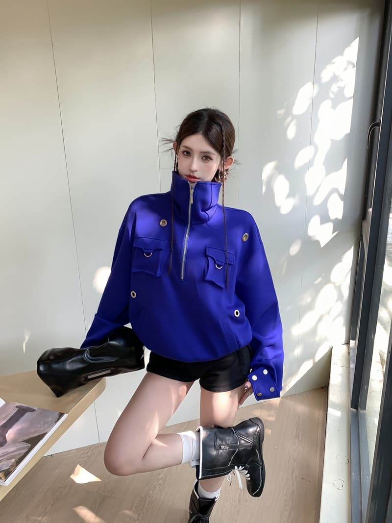실사 정가 봄 레트로 핫걸 빅 칼라 하프 지퍼 루즈핏 풀오버 스웨트셔츠 기타 착용 스탠드 칼라 주머니 맨위 상세 이미지 2