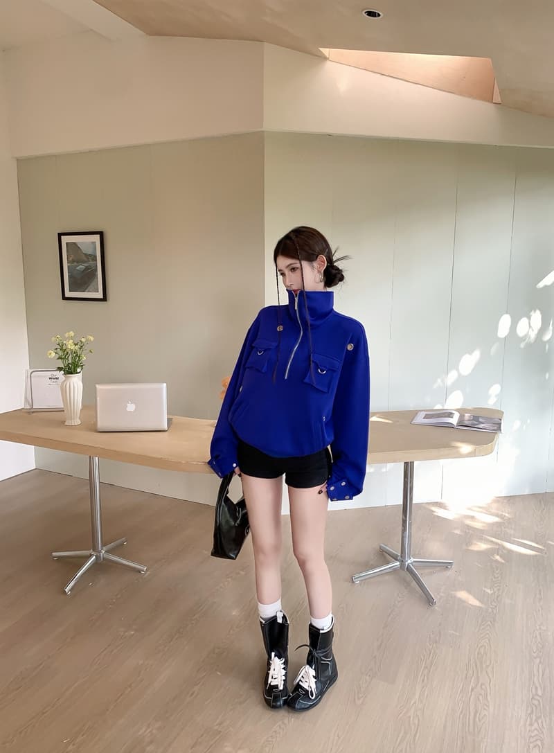 실사 정가 봄 레트로 핫걸 빅 칼라 하프 지퍼 루즈핏 풀오버 스웨트셔츠 기타 착용 스탠드 칼라 주머니 맨위 상세 이미지 3
