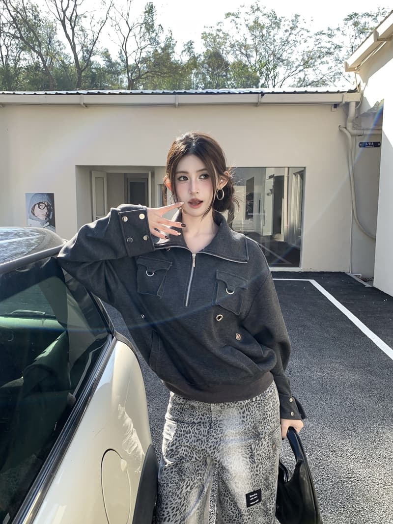 실사 정가 봄 레트로 핫걸 빅 칼라 하프 지퍼 루즈핏 풀오버 스웨트셔츠 기타 착용 스탠드 칼라 주머니 맨위 상세 이미지 6