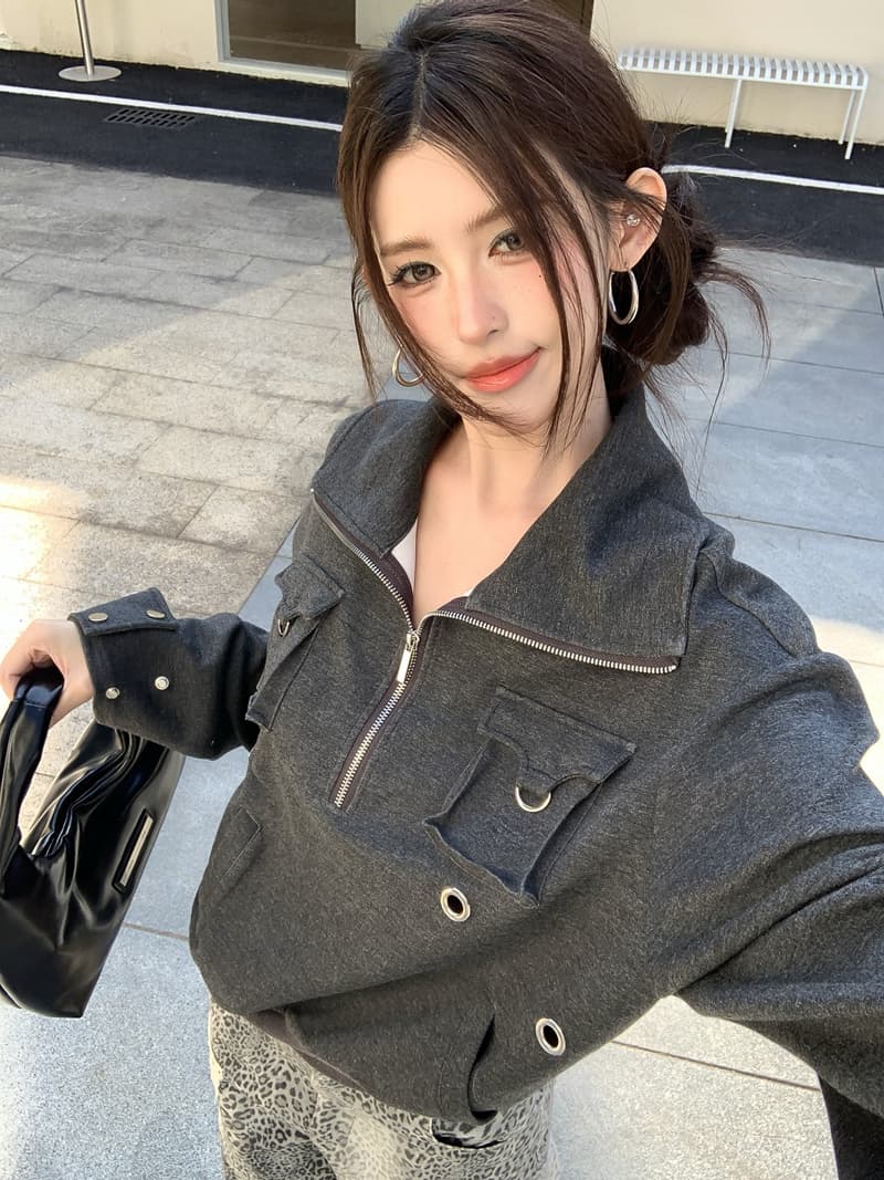 실사 정가 봄 레트로 핫걸 빅 칼라 하프 지퍼 루즈핏 풀오버 스웨트셔츠 기타 착용 스탠드 칼라 주머니 맨위 상세 이미지 7