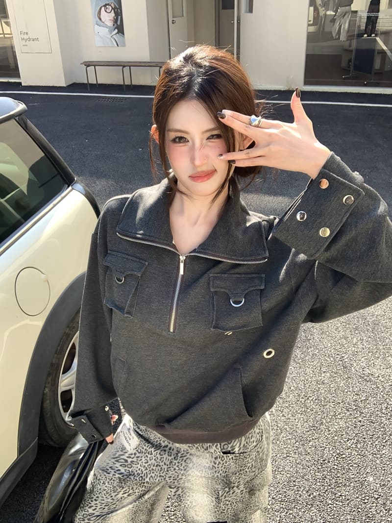 실사 정가 봄 레트로 핫걸 빅 칼라 하프 지퍼 루즈핏 풀오버 스웨트셔츠 기타 착용 스탠드 칼라 주머니 맨위 상세 이미지 8