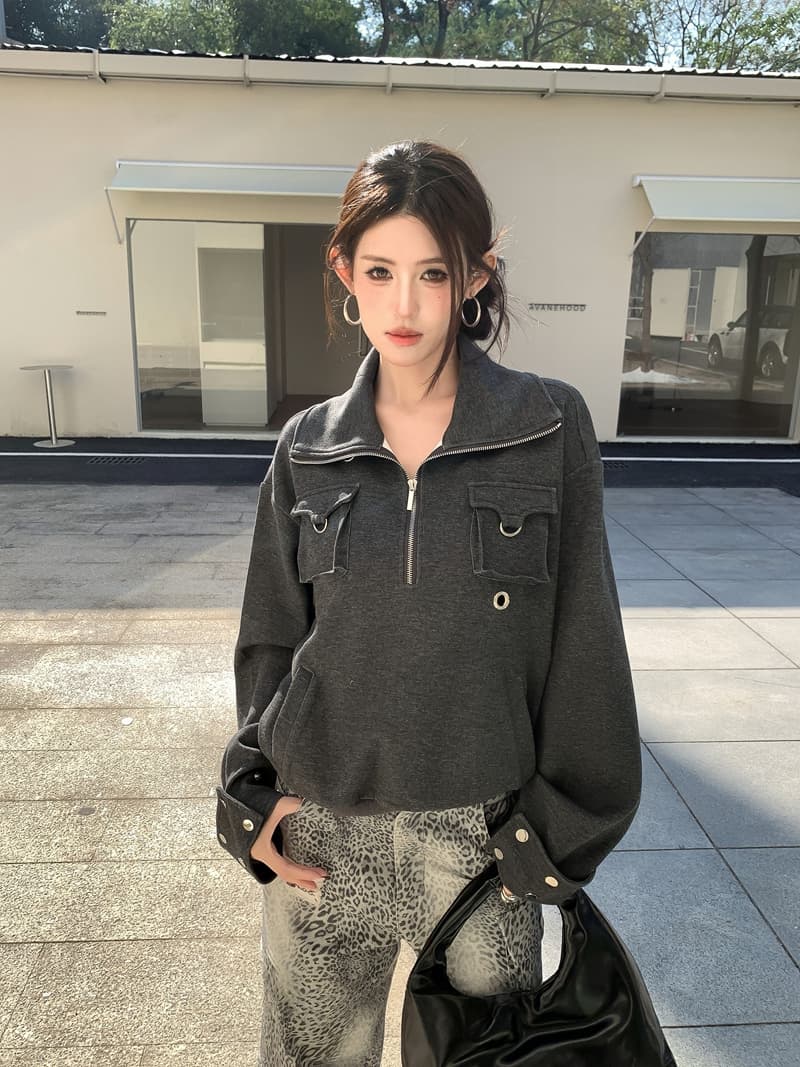 실사 정가 봄 레트로 핫걸 빅 칼라 하프 지퍼 루즈핏 풀오버 스웨트셔츠 기타 착용 스탠드 칼라 주머니 맨위 상세 이미지 11