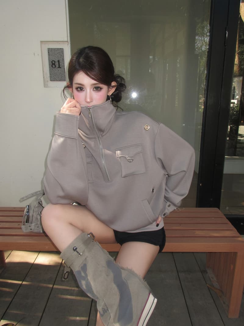실사 정가 봄 레트로 핫걸 빅 칼라 하프 지퍼 루즈핏 풀오버 스웨트셔츠 기타 착용 스탠드 칼라 주머니 맨위 상세 이미지 15