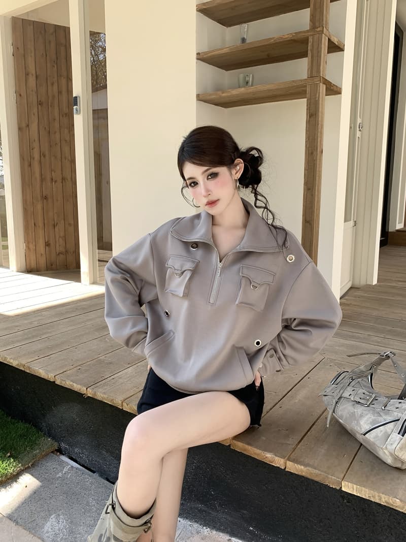 실사 정가 봄 레트로 핫걸 빅 칼라 하프 지퍼 루즈핏 풀오버 스웨트셔츠 기타 착용 스탠드 칼라 주머니 맨위 상세 이미지 17