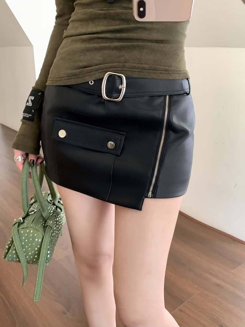 실사 정가 아니요 바겐 세일 핫걸 비대칭 지퍼 주머니 가죽 스커트 디자인 센스 몸매 가꾸기 슬림해 보이는 미니 스커트 타이트 스커트 상세 이미지 12
