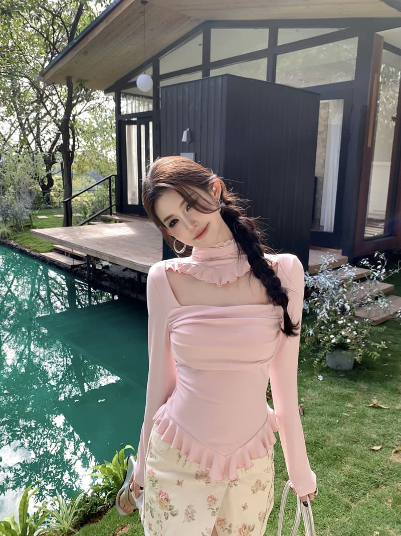 실사 정가 아니요 바겐 세일 순수한 욕망 스탠드 칼라 패치워크 레이스 홀로우 아웃 불규칙 프릴 몸매 가꾸기 슬림해 보이는 맨위 상세 이미지 1