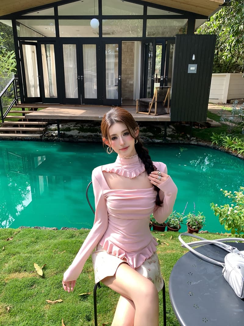 실사 정가 아니요 바겐 세일 순수한 욕망 스탠드 칼라 패치워크 레이스 홀로우 아웃 불규칙 프릴 몸매 가꾸기 슬림해 보이는 맨위 상세 이미지 2