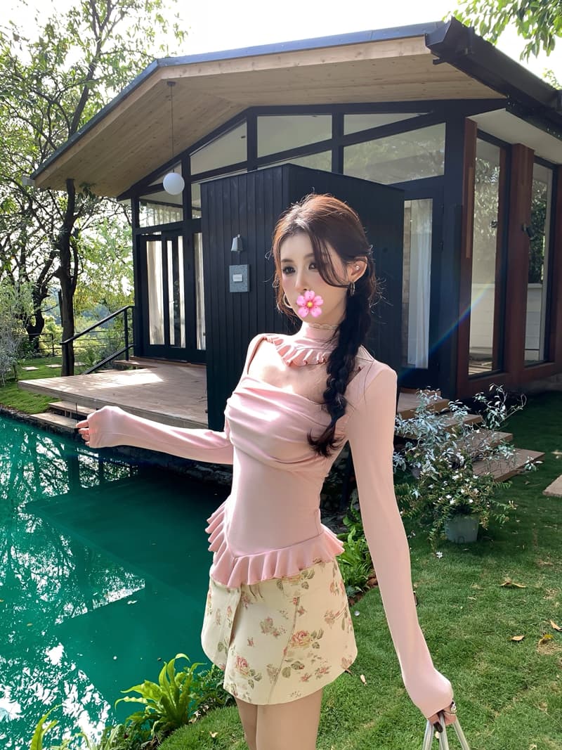 실사 정가 아니요 바겐 세일 순수한 욕망 스탠드 칼라 패치워크 레이스 홀로우 아웃 불규칙 프릴 몸매 가꾸기 슬림해 보이는 맨위 상세 이미지 5