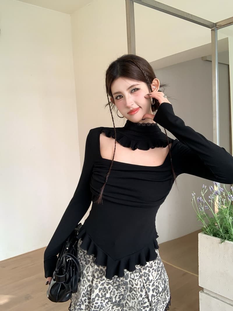 실사 정가 아니요 바겐 세일 순수한 욕망 스탠드 칼라 패치워크 레이스 홀로우 아웃 불규칙 프릴 몸매 가꾸기 슬림해 보이는 맨위 상세 이미지 14