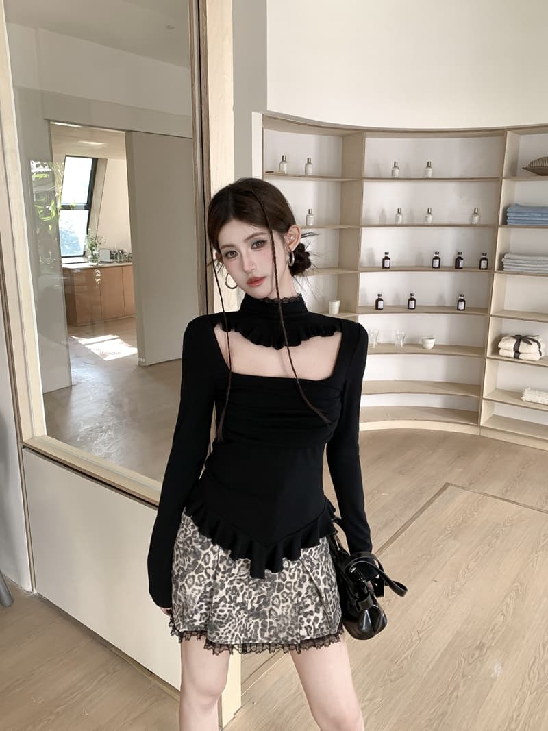 실사 정가 아니요 바겐 세일 순수한 욕망 스탠드 칼라 패치워크 레이스 홀로우 아웃 불규칙 프릴 몸매 가꾸기 슬림해 보이는 맨위 상세 이미지 19