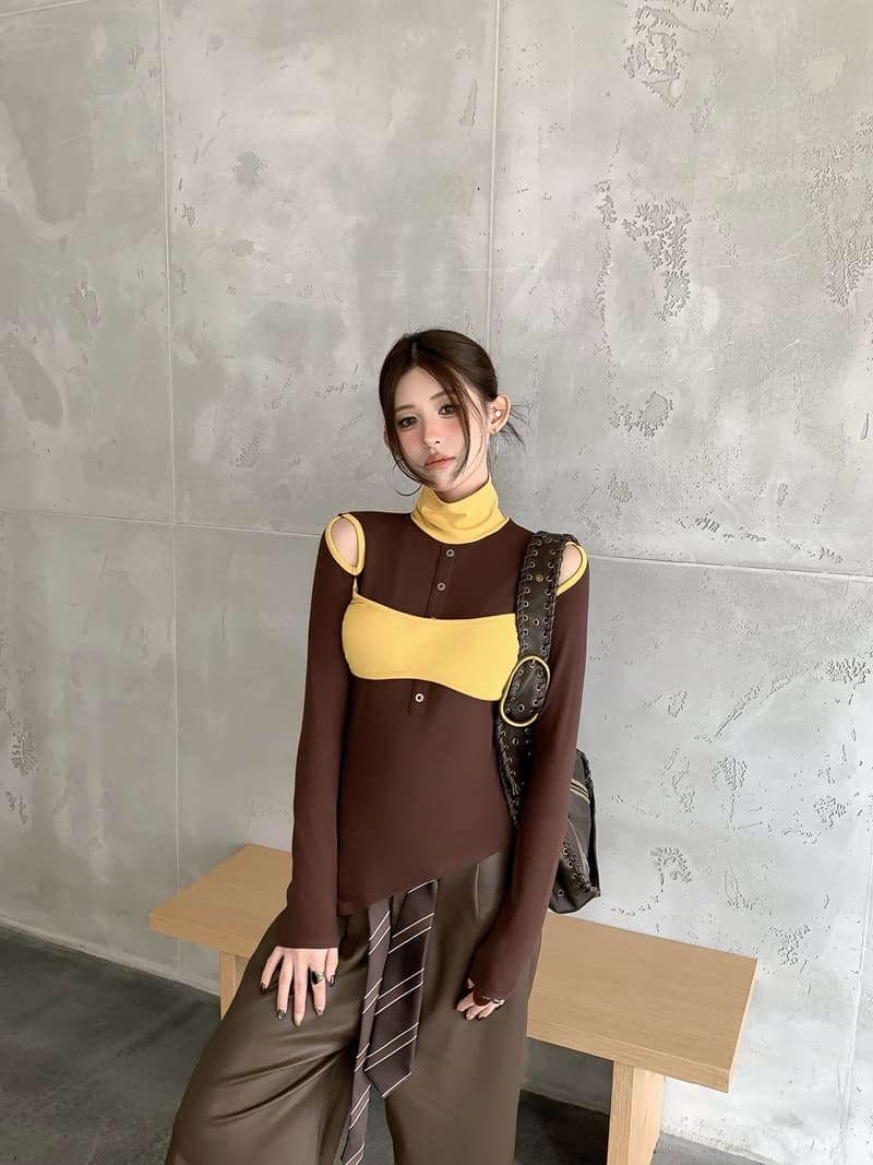실사 정가 레트로 핫걸 패치워크 배색 페이크 레이어드 터틀넥 홀로우 아웃 불규칙 몸매 가꾸기 슬림해 보이는 긴팔 맨위 상세 이미지 4