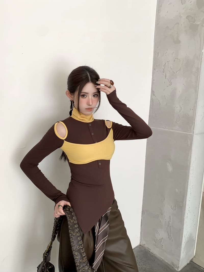 실사 정가 레트로 핫걸 패치워크 배색 페이크 레이어드 터틀넥 홀로우 아웃 불규칙 몸매 가꾸기 슬림해 보이는 긴팔 맨위 상세 이미지 5