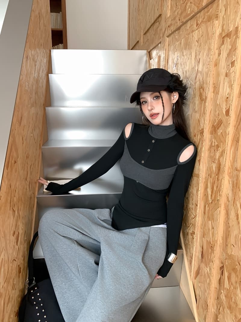 실사 정가 레트로 핫걸 패치워크 배색 페이크 레이어드 터틀넥 홀로우 아웃 불규칙 몸매 가꾸기 슬림해 보이는 긴팔 맨위 상세 이미지 11