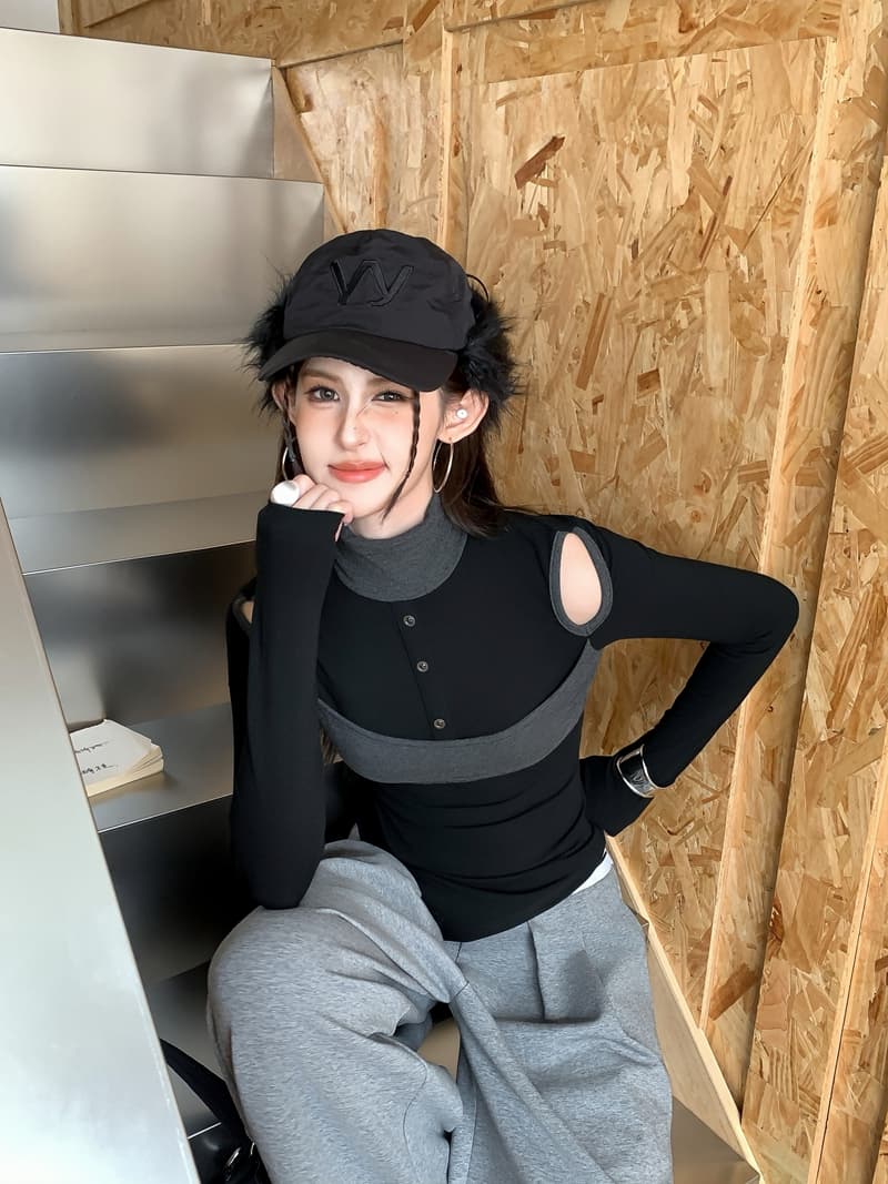 실사 정가 레트로 핫걸 패치워크 배색 페이크 레이어드 터틀넥 홀로우 아웃 불규칙 몸매 가꾸기 슬림해 보이는 긴팔 맨위 상세 이미지 12