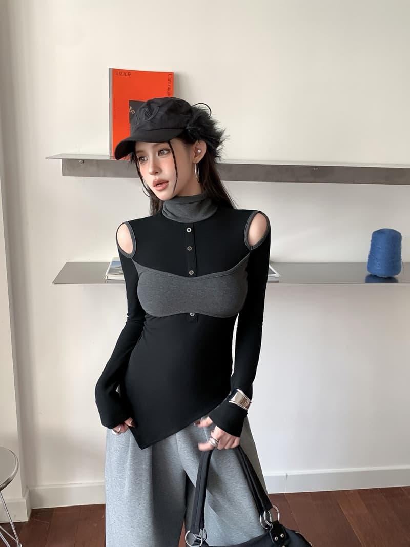 실사 정가 레트로 핫걸 패치워크 배색 페이크 레이어드 터틀넥 홀로우 아웃 불규칙 몸매 가꾸기 슬림해 보이는 긴팔 맨위 상세 이미지 1