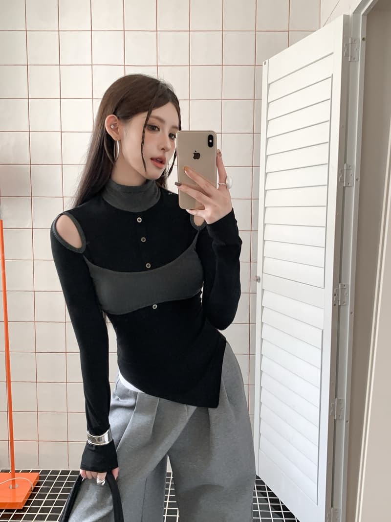 실사 정가 레트로 핫걸 패치워크 배색 페이크 레이어드 터틀넥 홀로우 아웃 불규칙 몸매 가꾸기 슬림해 보이는 긴팔 맨위 상세 이미지 2