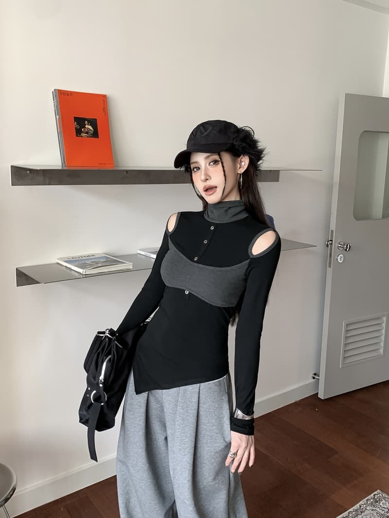 실사 정가 레트로 핫걸 패치워크 배색 페이크 레이어드 터틀넥 홀로우 아웃 불규칙 몸매 가꾸기 슬림해 보이는 긴팔 맨위 상세 이미지 6