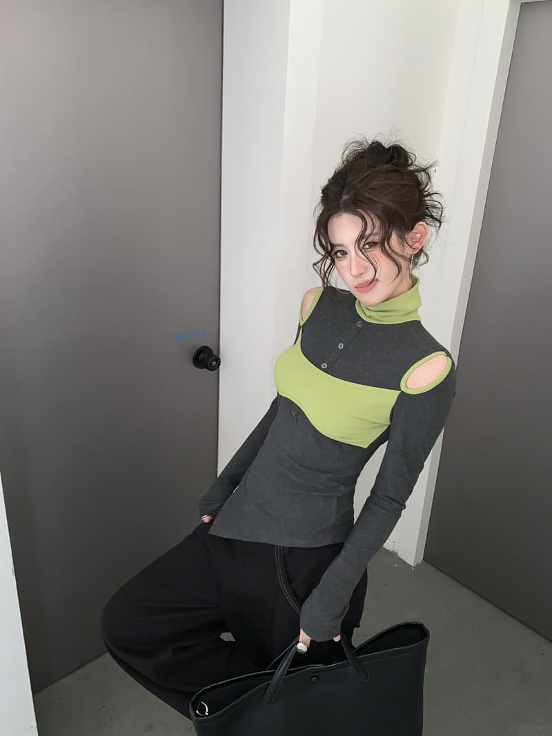 실사 정가 레트로 핫걸 패치워크 배색 페이크 레이어드 터틀넥 홀로우 아웃 불규칙 몸매 가꾸기 슬림해 보이는 긴팔 맨위 상세 이미지 16