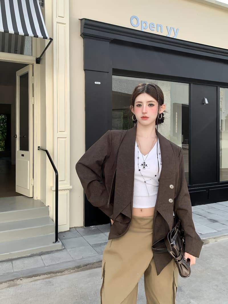 실사 정가 봄 레트로 다용도 불규칙 밑단 블레이저 디자인 센스 루즈핏 패치워크 작은 대중 정장 상세 이미지 10