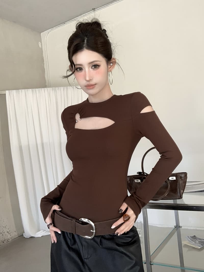 실사 정가 가을 섹시함 핫걸 라운드 넥 홀로우 아웃 비대칭 몸매 가꾸기 슬림해 보이는 디자인 센스 긴팔 티셔츠 맨위 상세 이미지 1