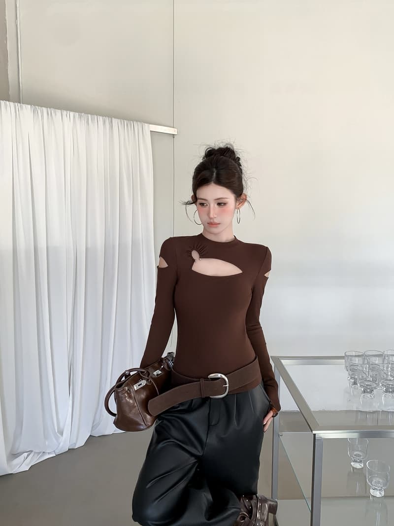 실사 정가 가을 섹시함 핫걸 라운드 넥 홀로우 아웃 비대칭 몸매 가꾸기 슬림해 보이는 디자인 센스 긴팔 티셔츠 맨위 상세 이미지 5