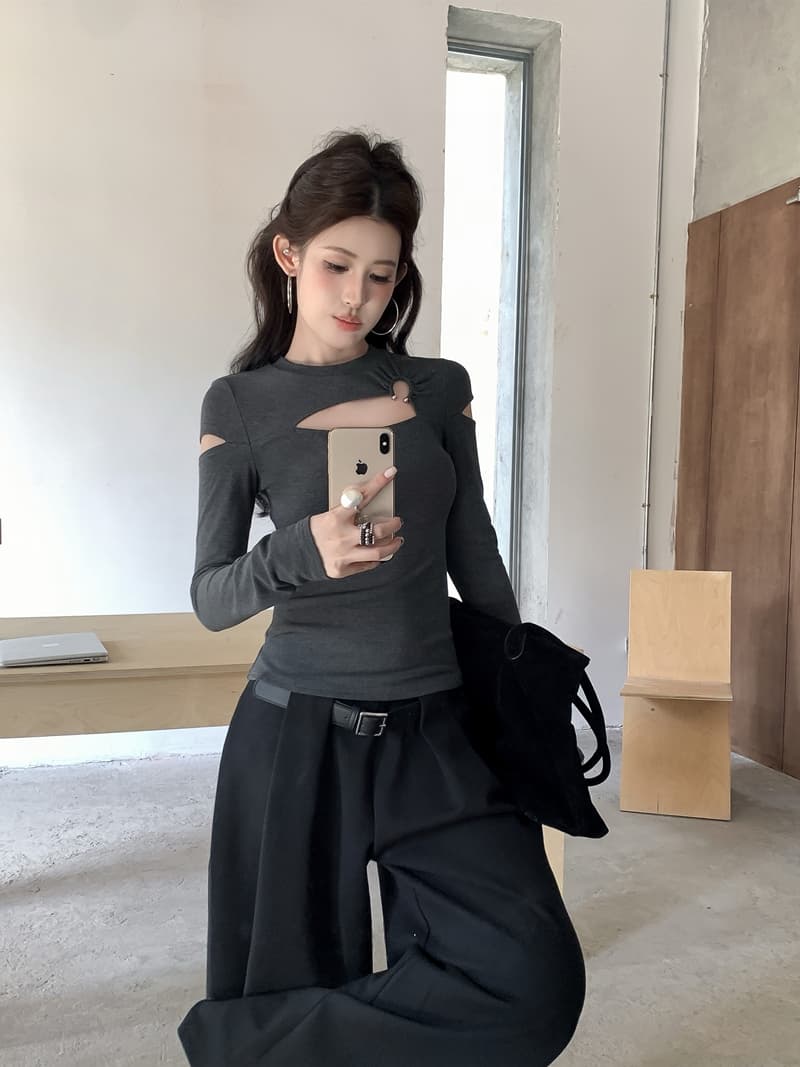 실사 정가 가을 섹시함 핫걸 라운드 넥 홀로우 아웃 비대칭 몸매 가꾸기 슬림해 보이는 디자인 센스 긴팔 티셔츠 맨위 상세 이미지 20