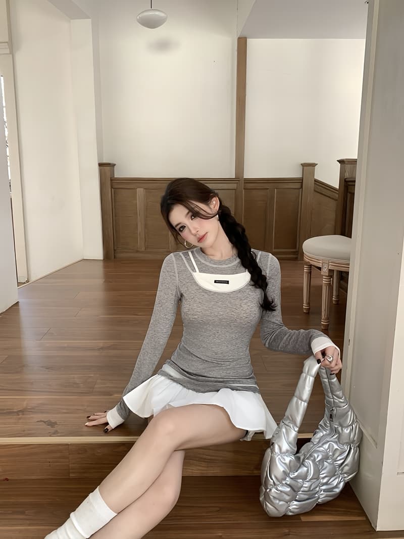 실사 정가 봄 레트로 핫걸 패치워크 배색 페이크 레이어드 몸매 가꾸기 슬림해 보이는 긴팔 티셔츠 디자인 센스 맨위 상세 이미지 25