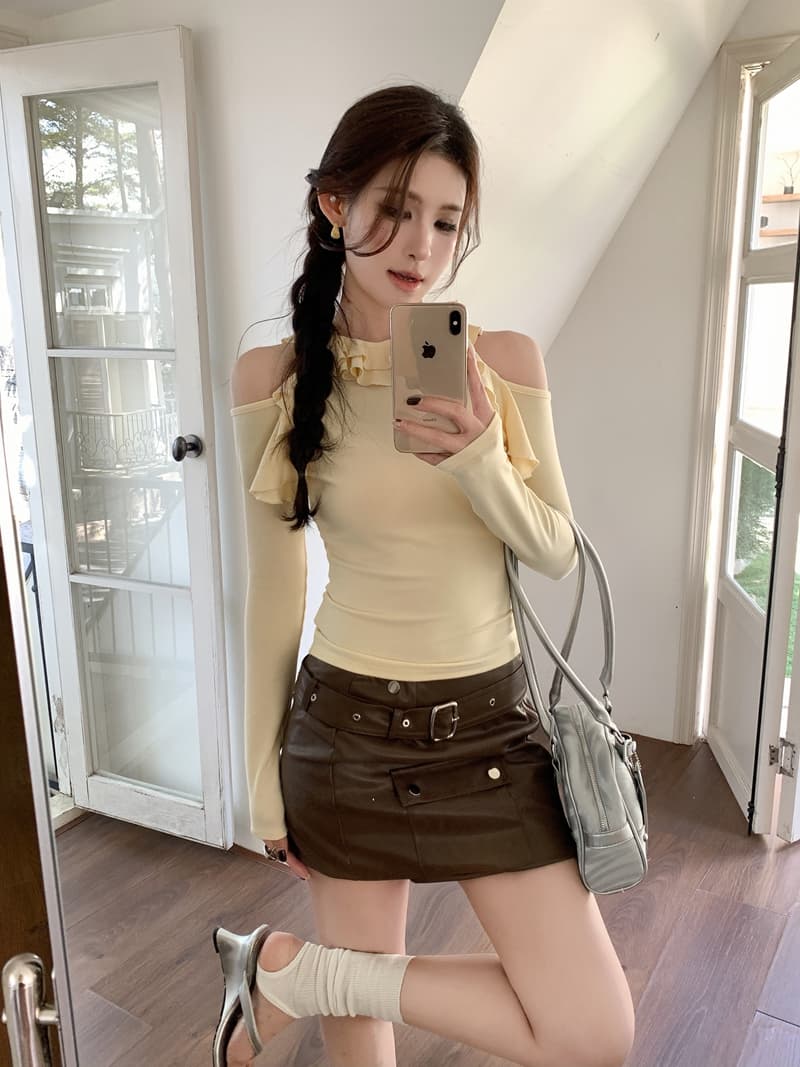 실사 정가 아니요 바겐 세일 이른 가을 핫걸 라운드 넥 프릴 오프숄더 몸매 가꾸기 슬림해 보이는 허리 수축 긴팔 티셔츠 맨위 상세 이미지 1