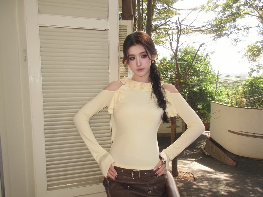 실사 정가 아니요 바겐 세일 이른 가을 핫걸 라운드 넥 프릴 오프숄더 몸매 가꾸기 슬림해 보이는 허리 수축 긴팔 티셔츠 맨위 상세 이미지 6